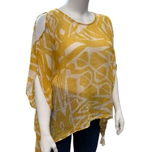 CHICOS Size M/L 100% Linen Poncho Top V-‎ Neck Yellow White Print Beachy Boho